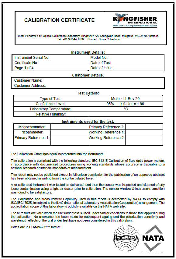 Calibration Certificate (ILAC/NATA)
